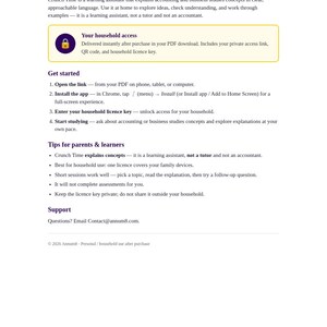 Op de afbeelding: Een wit informatiedocument getiteld Crunch Time, een leerassistent voor boekhouding en bedrijfskunde. Het bevat secties om aan de slag te gaan, tips voor ouders en leerlingen, en contactgegevens voor ondersteuning, met een paars slotpictogram.
