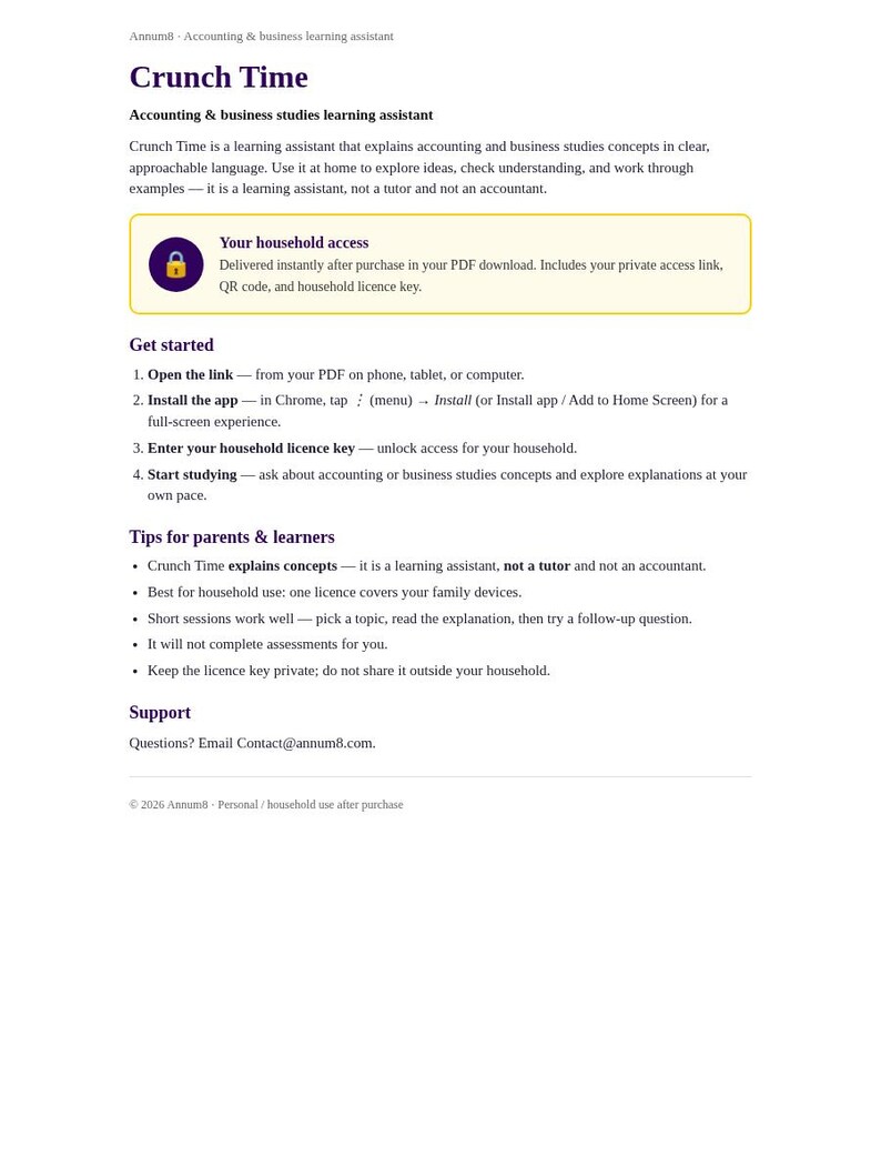 Op de afbeelding: Een wit informatiedocument getiteld Crunch Time, een leerassistent voor boekhouding en bedrijfskunde. Het bevat secties om aan de slag te gaan, tips voor ouders en leerlingen, en contactgegevens voor ondersteuning, met een paars slotpictogram.