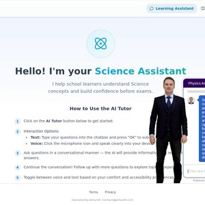 May include: A digital interface for the PhysiLearn School Science platform featuring a Science Assistant. The screen displays instructions on how to use the AI tutor, a person in a suit, and a chat window explaining Newton's first law of motion.