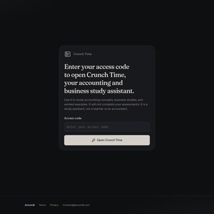 Op de afbeelding: Een donkergrijs digitaal interfacevenster met de tekst Crunch Time. Het vraagt gebruikers om een toegangscode in te voeren om de studieassistent voor boekhouding en bedrijfskunde te openen. Het bevat een invoerveld en een knop Open Crunch Time.