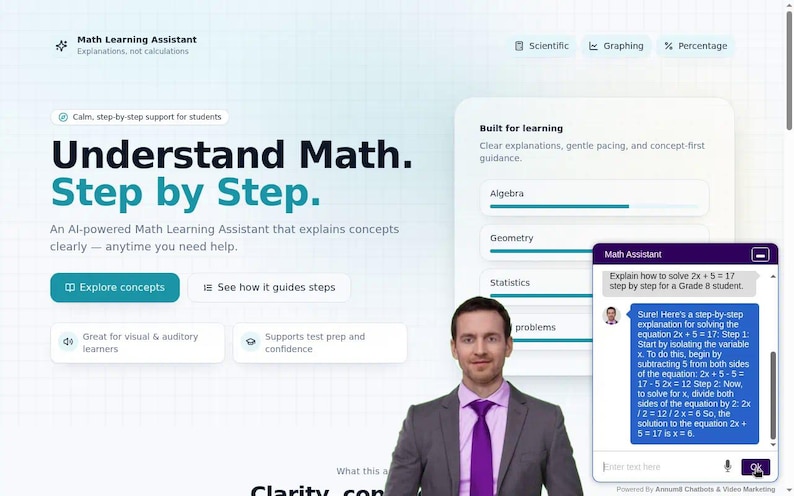 May include: A digital interface for a Math Learning Assistant featuring the text Understand Math. Step by Step. The screen displays educational categories like Algebra and Geometry, alongside a chat window showing a step-by-step equation solution.