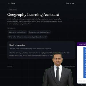 May include: A digital interface titled Geography Learning Assistant featuring a dark background with white text, a study companion chat panel, and a video window displaying a person in a suit next to a blue chat bubble containing educational text.
