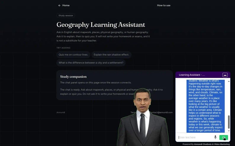 May include: A digital interface titled Geography Learning Assistant featuring a dark background with white text, a study companion chat panel, and a video window displaying a person in a suit next to a blue chat bubble containing educational text.