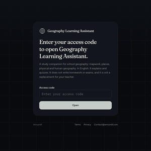 May include: A dark interface for the Geography Learning Assistant featuring a globe icon, a title, and a text block explaining its function. It includes an input field labeled Access code with a placeholder and a light gray button labeled Open.