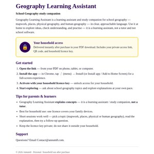 May include: A white informational document titled Geography Learning Assistant, featuring text about a school geography study companion. It includes instructions for household access, a purple padlock icon, and steps to install and activate the app.
