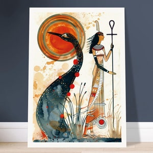 May include: A watercolor painting of an Egyptian goddess with a blue and black bird, standing in a field of tall grass. The goddess is holding a staff with an ankh symbol at the top. The background is a watercolor wash of orange, yellow, and brown.