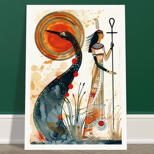 May include: A watercolor painting of an Egyptian goddess with a headdress and a staff, standing next to a large, dark blue bird with red accents. The background is a light brown with a large orange sun.