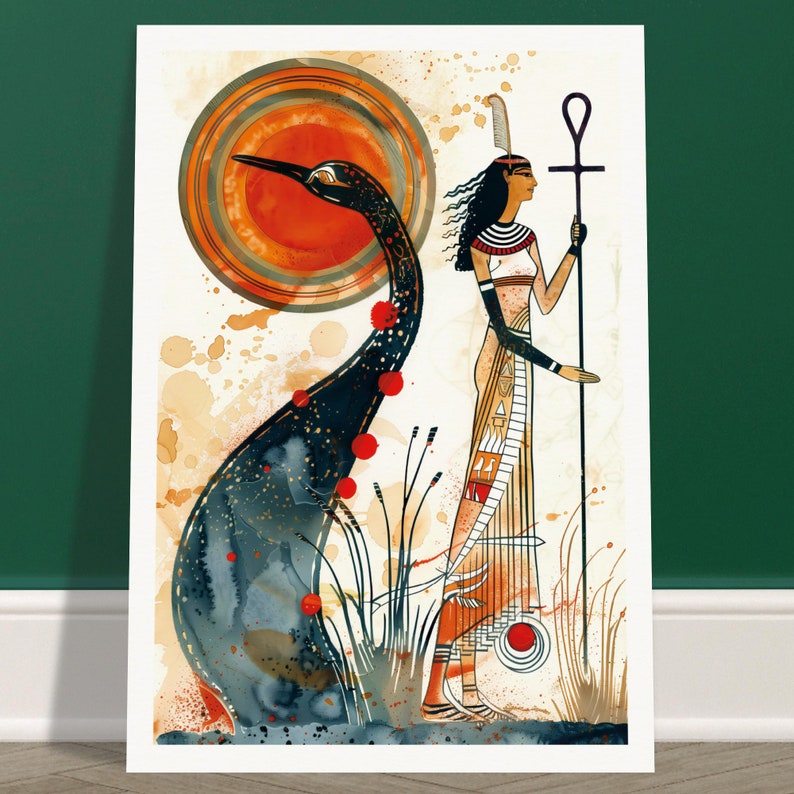 May include: A watercolor painting of an Egyptian goddess with a headdress and a staff, standing next to a large, dark blue bird with red accents. The background is a light brown with a large orange sun.
