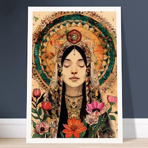 May include: A framed art print depicting a woman with closed eyes, wearing a decorative headpiece and jewelry. The artwork features a mandala-style halo and is surrounded by colorful flowers, with a warm, earthy colour palette.