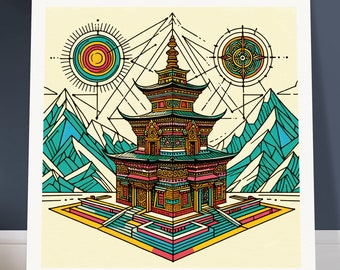 May include: A colourful illustration of a pagoda-style temple with intricate details, surrounded by mountains and geometric patterns. The temple is set against a light yellow background.
