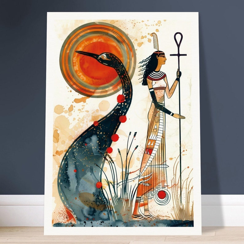 May include: A watercolor painting of an Egyptian goddess with a blue and black bird, standing in a field of tall grass. The goddess is holding a staff with an ankh symbol at the top. The background is a watercolor wash of orange, yellow, and brown.