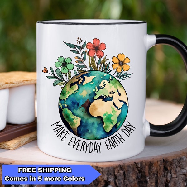 Earth Day Reusable Ceramic Mug Eco Friendly Nature Lover Gift Bold Green Graphics Handmade Stoneware Cup Mother Earth Conscious Eco Gifts