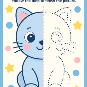 Op de afbeelding: Een rechthoekig activiteitenblad met de titel TRACE THE KITTEN! Follow the dots to finish the picture. De linkerkant toont een effen lichtblauw kitten met roze oren en wangen, terwijl de rechterkant een stippellijn van hetzelfde kitten bevat.