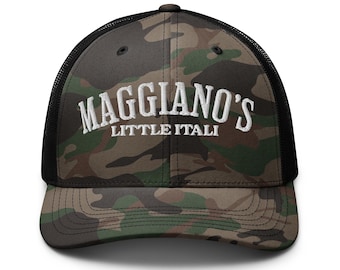 Camouflage trucker hat with embroidered logo, company uniform Maggianos