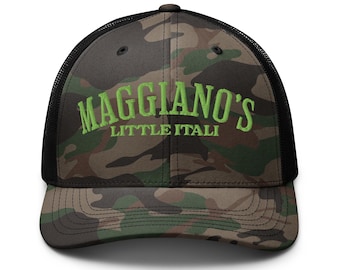 Camouflage trucker hat with embroidered logo, company uniform Maggianos