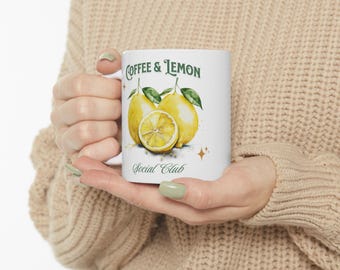 Ceramic Mug, Hermoso diseño de limón y café social club, para los amantes del café y limon, Lemon and Coffee Mug, Lemonade Cup, Citrus