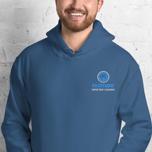 May include: A blue hooded sweatshirt with the text "FASTFLOW DRYER VENT CLEANING" in blue. The logo is a blue circle with a stylized vent design. The sweatshirt is a solid blue color.