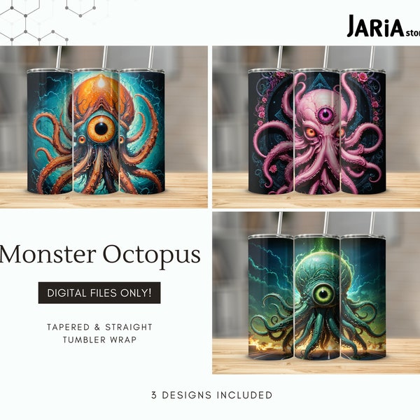 Monster OCTOPUS 20 Oz Skinny TUMBLER Wraps - Digital Download PNG Illuminati All Seeing Eye Scary Eerie Sea Animal Scary Template Design