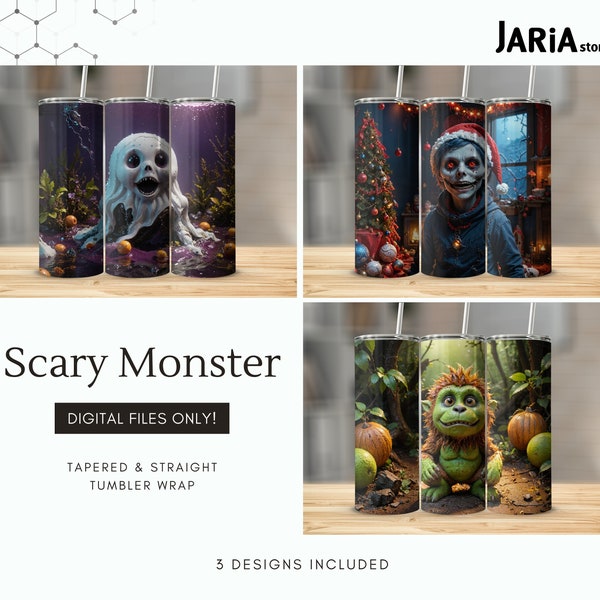 Scary MONSTER 20 Oz Skinny TUMBLER Wraps - Digital Download PNG Orc Green Goblin Ghost Zombie Christmas Eerie Cute Template Design