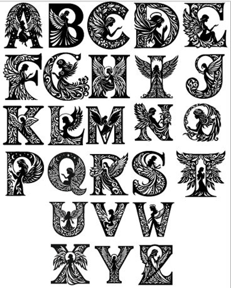Angel Code Letters Monogram Miniature Letters - Angel Latin Alphabet SVG, Monogram ...