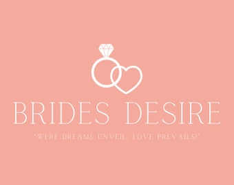 Puede incluir: Logotipo blanco sobre un fondo rosa con dos anillos entrelazados y un corazón. El texto "BRIDES DESIRE" está debajo de los anillos y el texto "WHERE DREAMS UNVEIL. LOVE PREVAILS." está debajo del texto "BRIDES DESIRE".