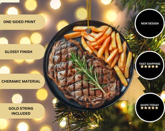 Steak Weihnachtsverzierung, Fleisch-Liebhaber-Geschenk, BBQ-Steak, Grill, Geschenk für ihn, Feinschmecker-Weihnachtsgeschenk, einzigartiges Ornament, Fleisch-Liebhaber-Urlaubsdekor
