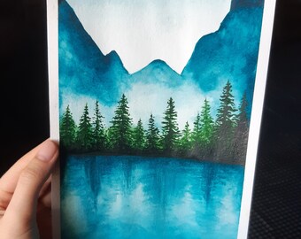 Forest and mountains watercolor painting