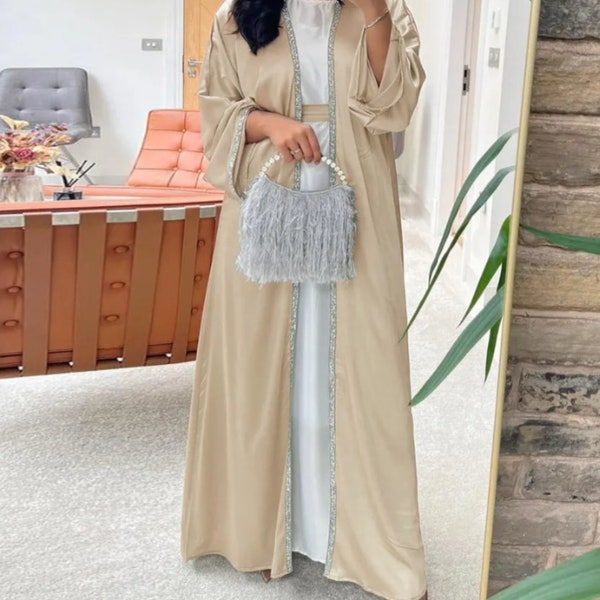 Selma : Elegant Beige Satin Abaya 2pcs for Eid