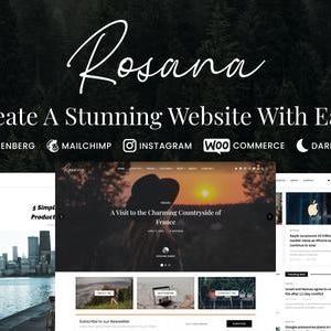 Op de afbeelding: Advertentie voor website-ontwerp met de naam "Rosana" in sierlijke letters. De slogan luidt "Cre&euml;er eenvoudig een verbluffende website". Pictogrammen voor Gutenberg, Mailchimp, Instagram, Woo Commerce en Dark Mode zijn inbegrepen.