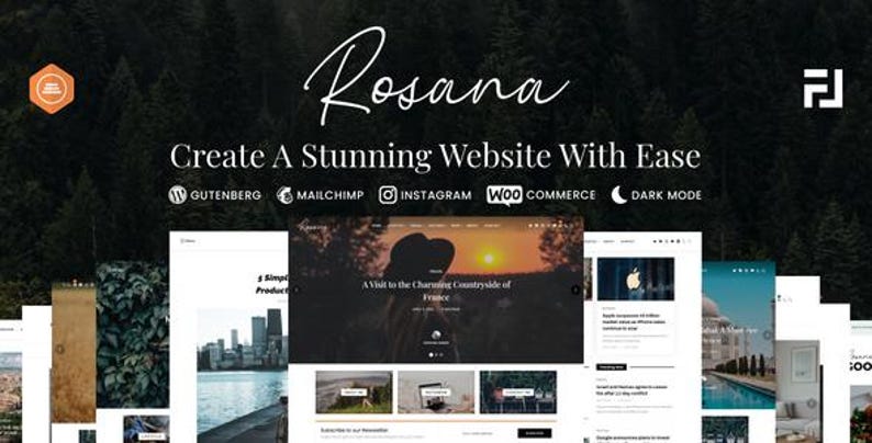 Op de afbeelding: Advertentie voor website-ontwerp met de naam "Rosana" in sierlijke letters. De slogan luidt "Cre&euml;er eenvoudig een verbluffende website". Pictogrammen voor Gutenberg, Mailchimp, Instagram, Woo Commerce en Dark Mode zijn inbegrepen.