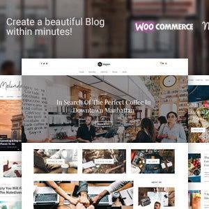 Op de afbeelding: De afbeelding toont een website thema genaamd ASPEN, met de tekst "Create a beautiful Blog within minutes!". Er worden verschillende website mockups getoond, met bloginhoud en ontwerpelementen. Logo's voor WooCommerce, MailChimp en WPML zijn ook zichtbaar.