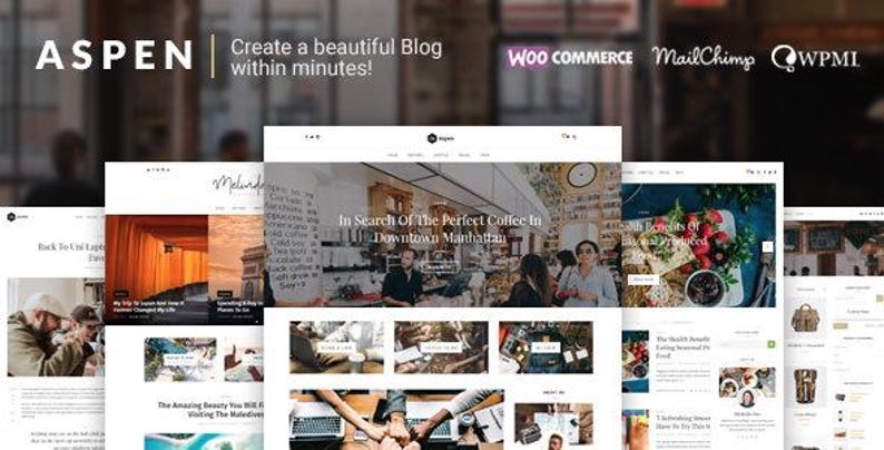 Op de afbeelding: De afbeelding toont een website thema genaamd ASPEN, met de tekst "Create a beautiful Blog within minutes!". Er worden verschillende website mockups getoond, met bloginhoud en ontwerpelementen. Logo's voor WooCommerce, MailChimp en WPML zijn ook zichtbaar.