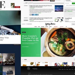 Op de afbeelding: Een collage van screenshots van websites, waaronder Vogue magazine, Bloomberg Pro en Lucky Peach. De Vogue-pagina toont een vrouw met tekst over biraciale politiek. Andere sites tonen artikelen en eten.