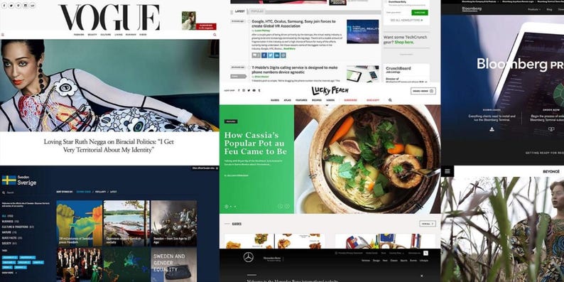 Op de afbeelding: Een collage van screenshots van websites, waaronder Vogue magazine, Bloomberg Pro en Lucky Peach. De Vogue-pagina toont een vrouw met tekst over biraciale politiek. Andere sites tonen artikelen en eten.