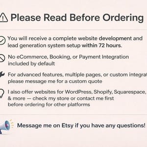 Op de afbeelding: Een cr&egrave;mekleurige afbeelding met de tekst "Lees dit voor het bestellen". Het beschrijft website-ontwikkeling, functies en platformopties. Bevat pictogrammen en een oproep om een bericht op Etsy te sturen voor vragen.