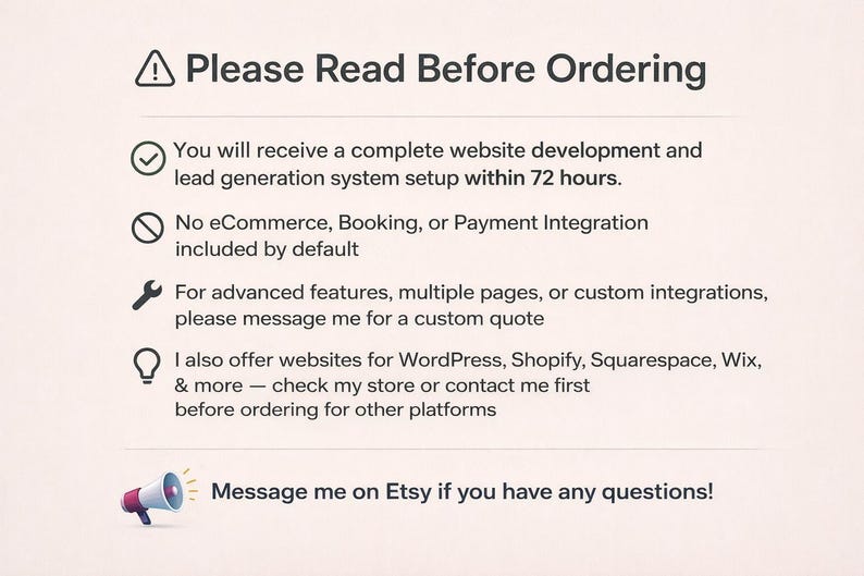 Op de afbeelding: Een cr&egrave;mekleurige afbeelding met de tekst "Lees dit voor het bestellen". Het beschrijft website-ontwikkeling, functies en platformopties. Bevat pictogrammen en een oproep om een bericht op Etsy te sturen voor vragen.