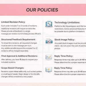 Op de afbeelding: Een roze en witte afbeelding met de tekst 'ONZE BELEID' bovenaan. De afbeelding toont beleidsregels, waaronder revisies, feedback en reactietijden. Pictogrammen begeleiden elke beleidsbeschrijving.