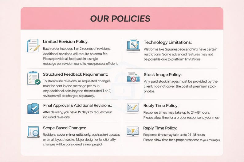 Op de afbeelding: Een roze en witte afbeelding met de tekst 'ONZE BELEID' bovenaan. De afbeelding toont beleidsregels, waaronder revisies, feedback en reactietijden. Pictogrammen begeleiden elke beleidsbeschrijving.