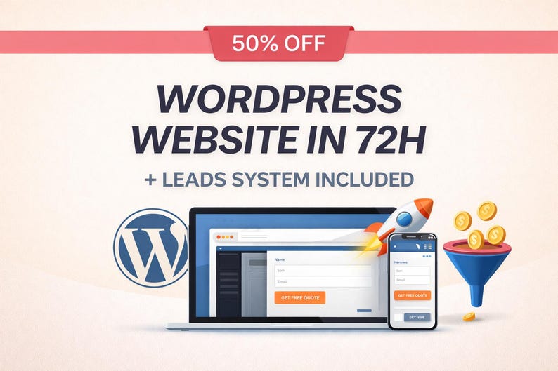 Op de afbeelding: Advertentie voor WordPress website creatie. De afbeelding toont een laptop en smartphone met website-ontwerpen, een raket en een trechter met munten. Tekst bevat "50% OFF" en "WORDPRESS WEBSITE IN 72H + LEADS SYSTEM INCLUDED."