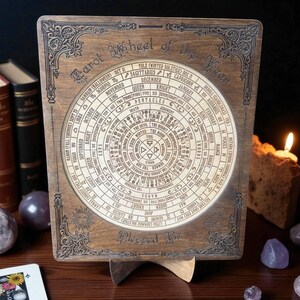 Może przedstawiać: Drewniane Koło Tarota Roku, z okrągłym wzorem z symbolami astrologicznymi i tekstem. Drewniana rama ma dekoracyjne rzeźbienia. Koło jest wyświetlane na drewnianym stojaku. Tekst zawiera "Blessed Be".