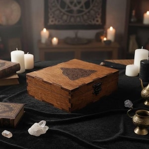 Könnte beinhalten: Eine quadratische Holzschatulle mit dunkelbrauner Oberfläche und einem per Laser eingravierten Triquetra-Knotenmuster auf dem Deckel. Die Schatulle verfügt über verzahnte Eckverbindungen und einen kleinen Metallverschluss an der Vorderseite.