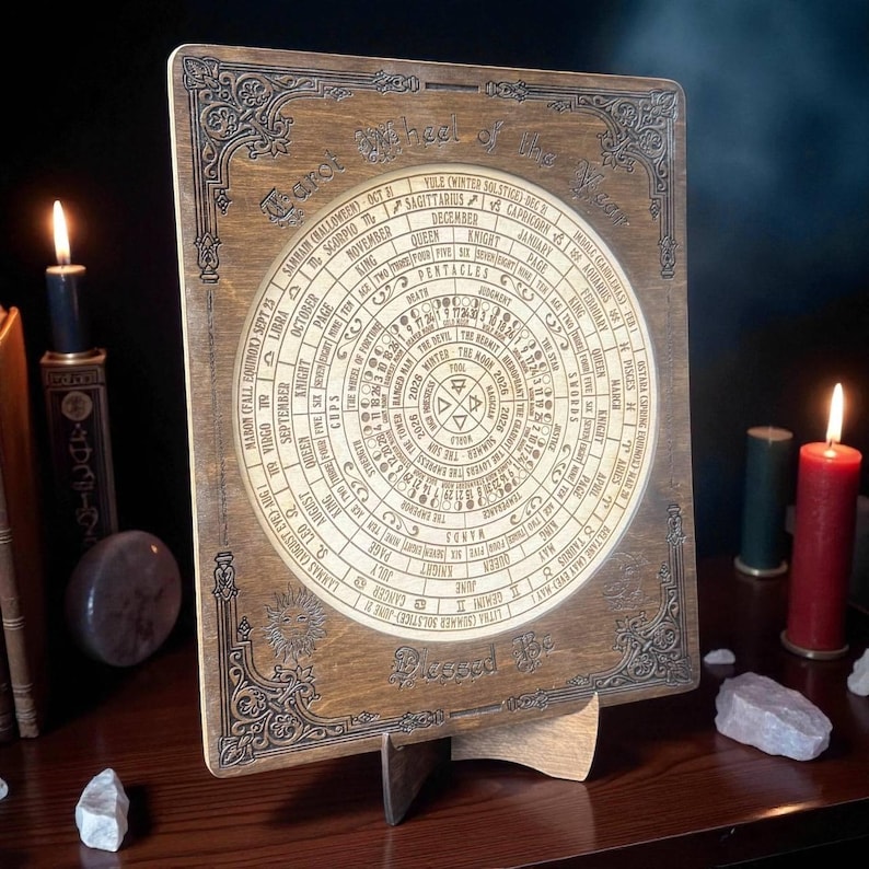 Może przedstawiać: Drewniane koło tarota roku, z okrągłym wzorem z symbolami astrologicznymi i tekstem. Drewniana deska ma dekoracyjne krawędzie i jest podparta drewnianym stojakiem. Słowa "Blessed Be" znajdują się na dole.