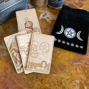 Pentacle suites of Rider-Waite-Smith Tarot cards, Wooden Tarot cards, engraved Tarot deck, fortune telling tools, witch gift