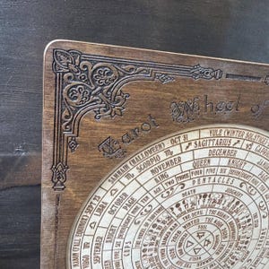 Może przedstawiać: Drewniane koło kart tarota z grawerowanym tekstem i dekoracyjnymi obramowaniami. Koło zawiera symbole astrologiczne, daty i nazwy kart tarota. Tekst zawiera "Tarot Wheel of Fortune" oraz r&oacute;żne miesiące i znaki zodiaku.