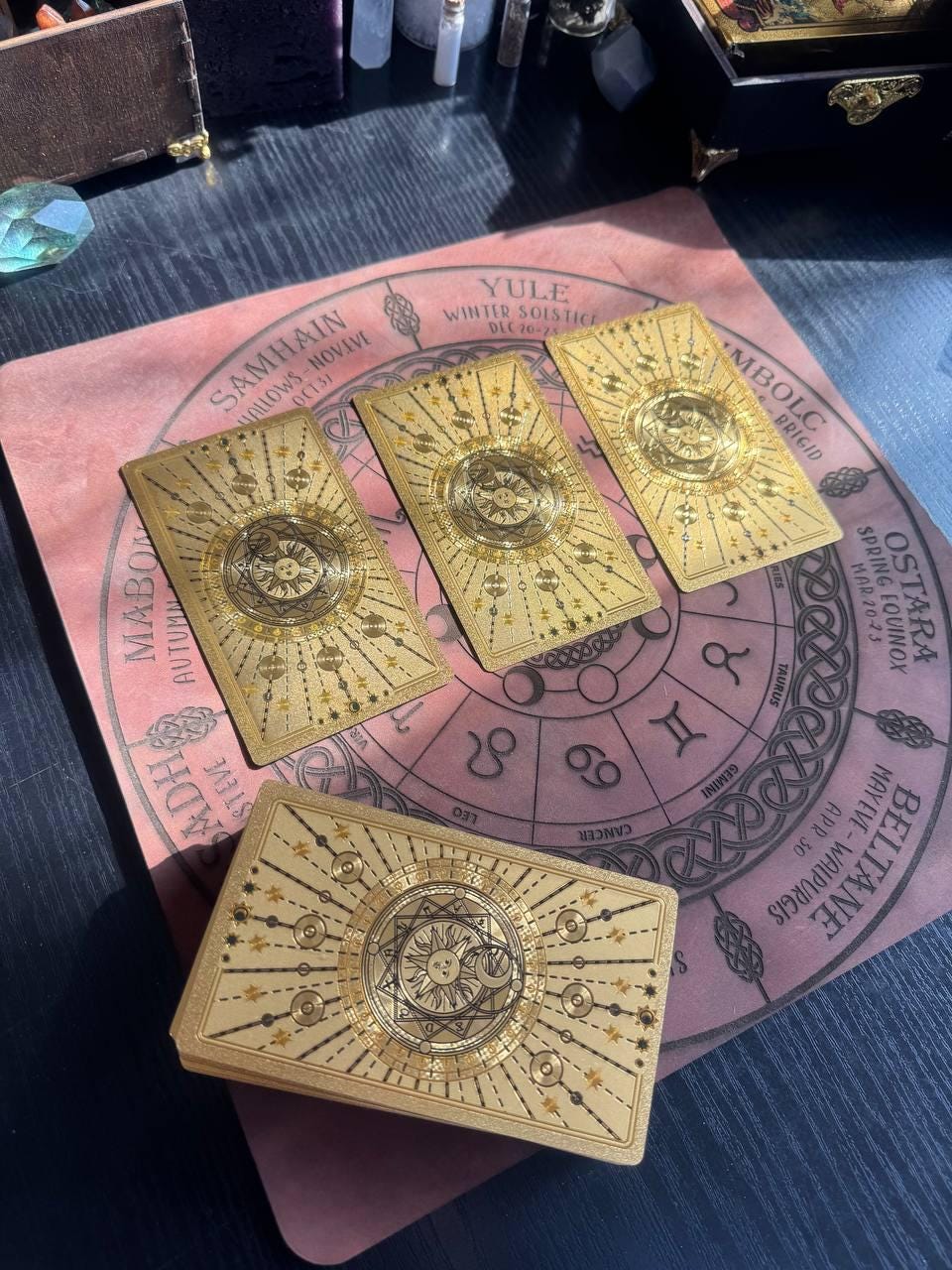 Leather mat Wiccan calendar, Engraved divination mat, witchy planner, witch altar, witch decor