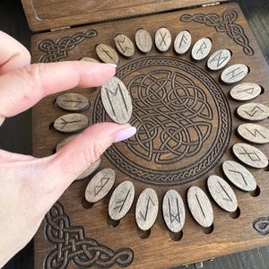 Nordic Runes in wooden box, Futhark runes, Scandinavian Norse runes, divination esoteric tools, witch gift