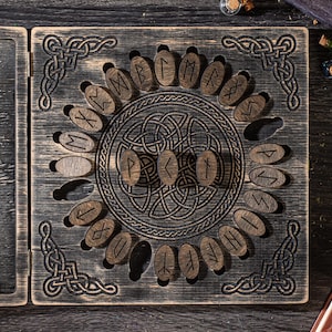 Scandinavian runes in wooden box, Futhark runes, Norse runes, divination esoteric tools