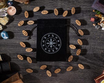 Wooden Runes Set: Elder Futhark Divination Stones with Black Pouch