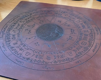 Casting mat for runes with zodiac circle, pendulum, charm casting, leather altar pad