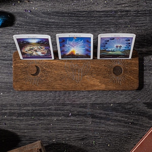 Porte-cartes de tarot, support de voyance en bois gravé lune et soleil, cadeau spirituel tarot